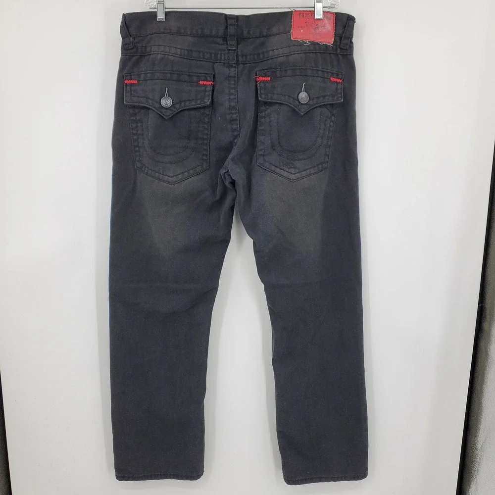 True Religion Ricky Super T Mens 42 Black Jeans Red Contrast Stitch‎ Made in USA